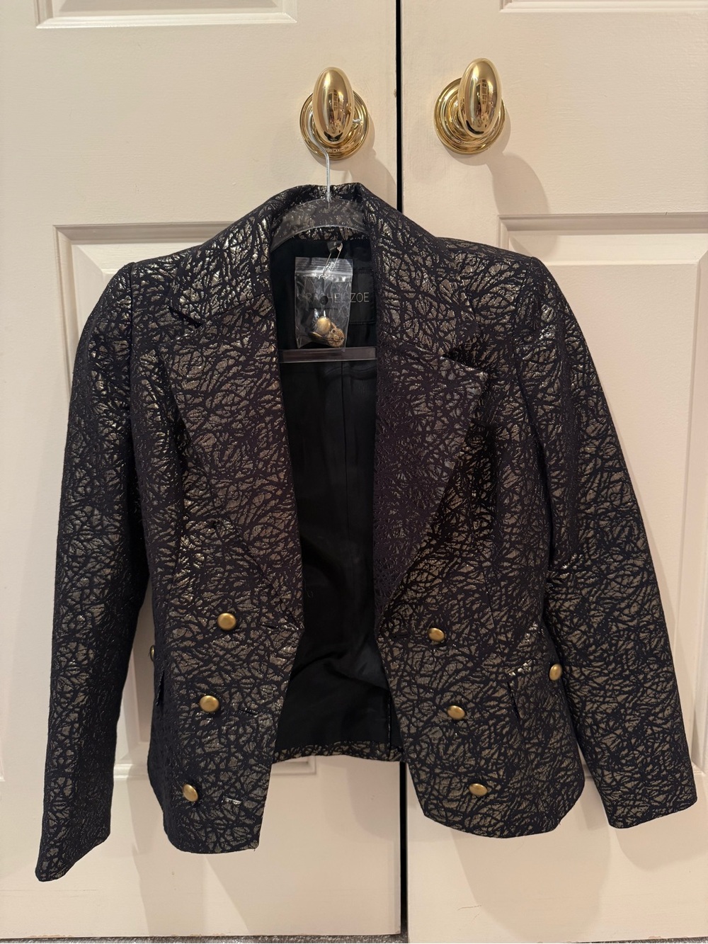 Rachel Zoe Black Metallic Textured Double-Breasted Blazer with Gold Buttons